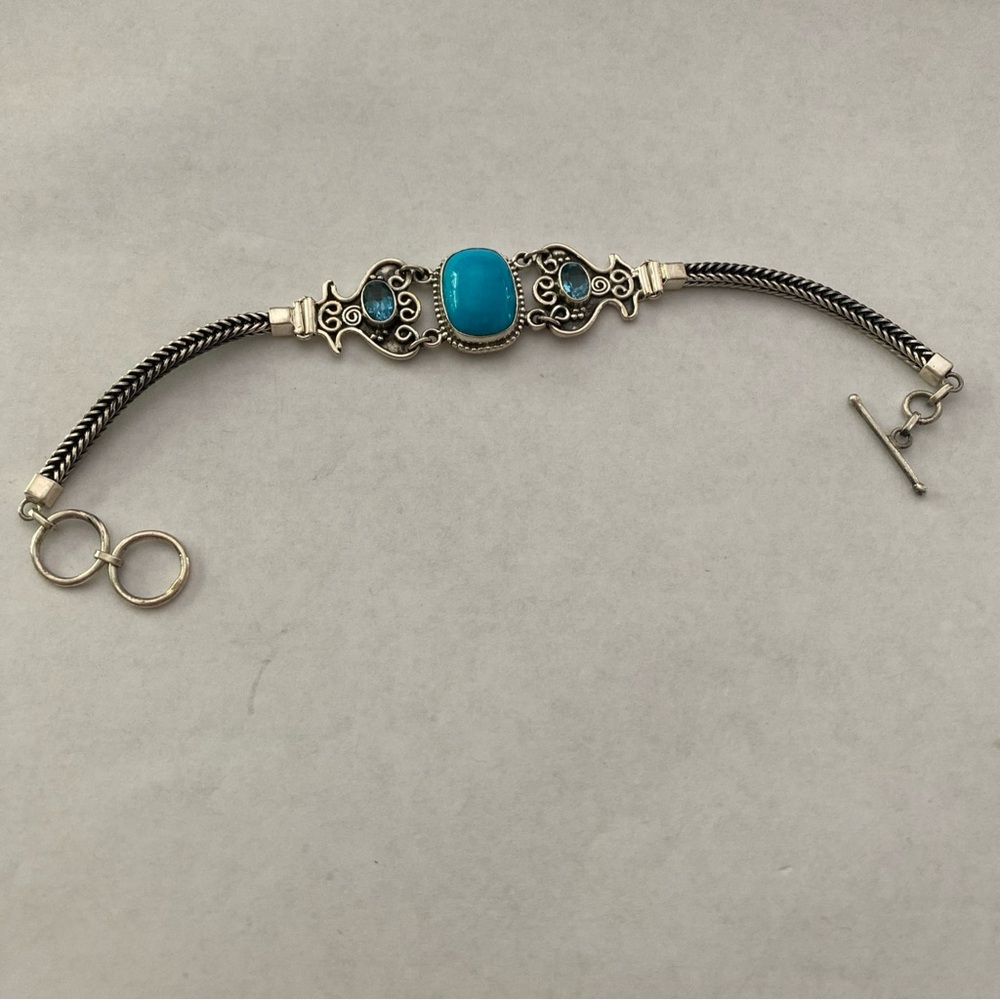 Southwestern Sterling Blue Turquoise & Topaz Filigree Toggle Bracelet - 8”